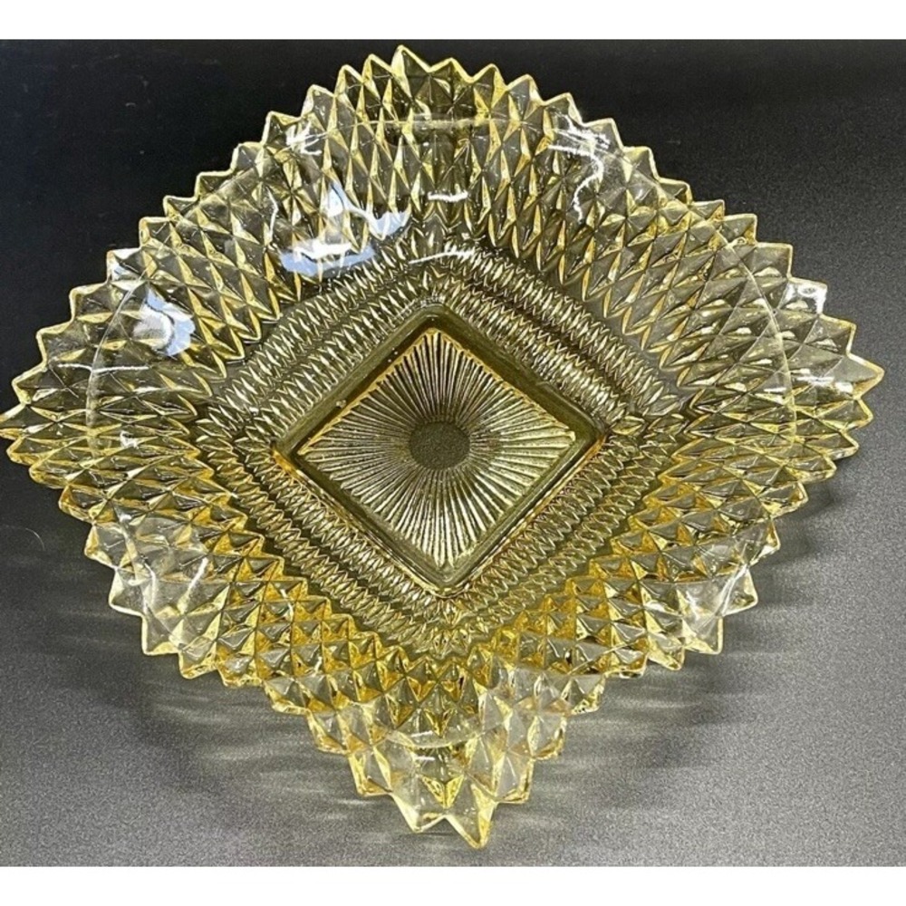 Vintage Amber Pressed Glass Square Bowl Diamond Point Scalloped Edge
